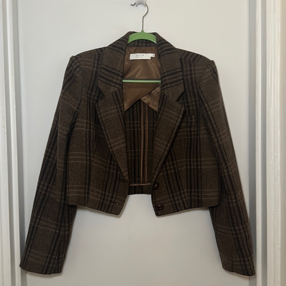NEW ASTR Brown Wool Plaid Cropped Blazer